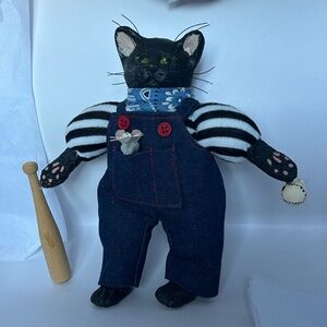 Primitive Looking Black Cat Figurine Handmade Folk Art Doll‎ in Denim Overalls